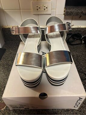 ALDO Silver Metallic Platform Sandals with Black-and-White Striped Wedge